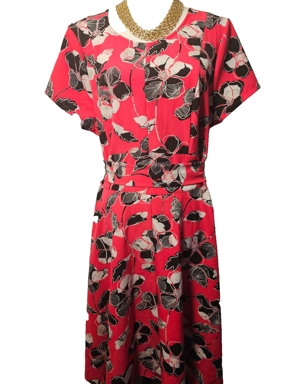 Lane Bryant Womens Pink Floral A-Line Dress Short Sleeve Stretch Tie Size 16